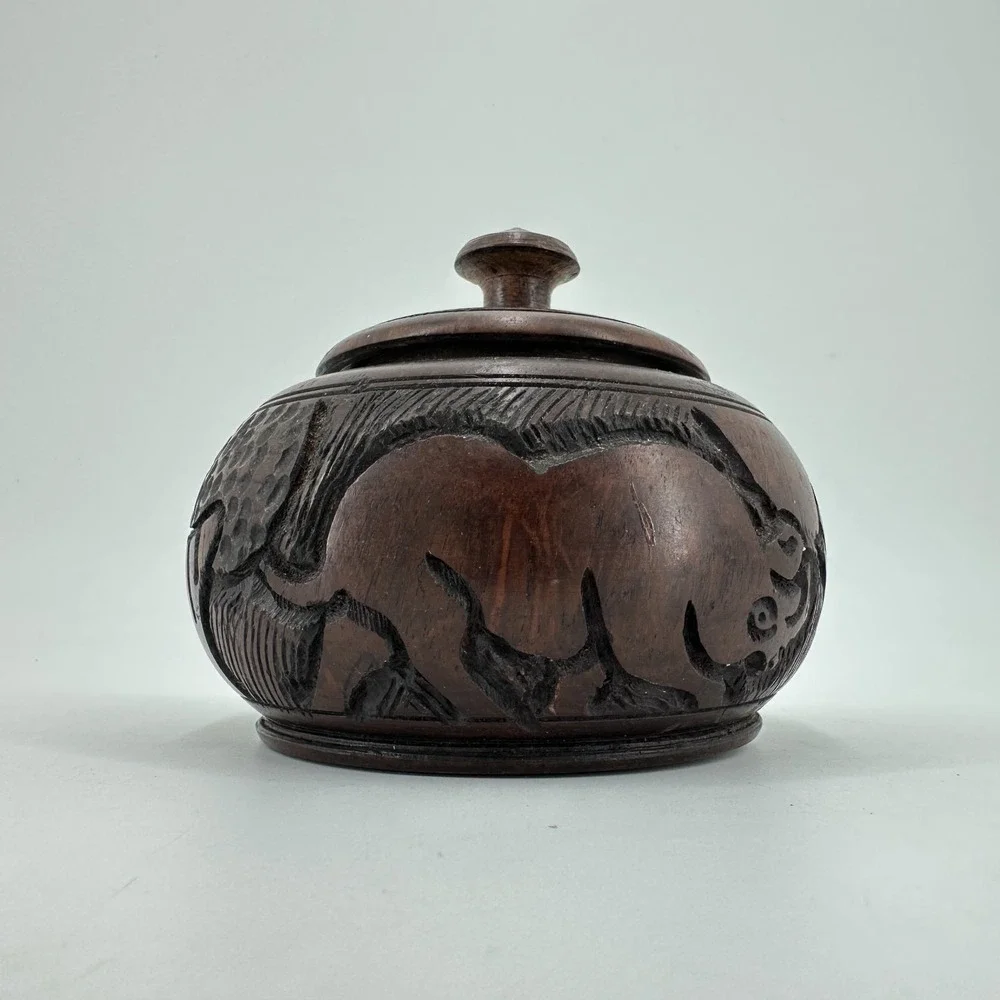 Vintage Hand Carved Wooden Lidded Trinket‎ Box - Rhino Design Folk Art